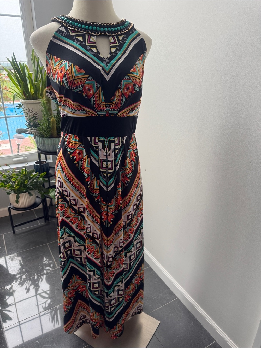 RN Studio Black Maxi Dress with Teal, Orange & Red Print with Turquoise Bead